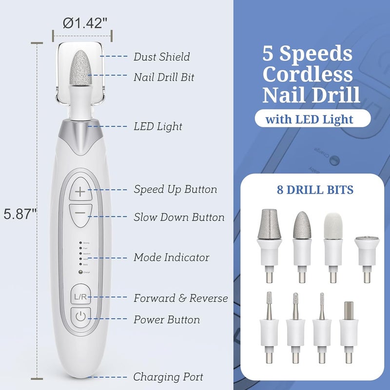 PELCAS Electric Nail File, 5 Speeds Manicure and Pedicure Kit, Cordless Nail Drill, Toenail Grinder for Thick Toenails with LED Light, Dremel Tool Kit for Human, Pet, Toenails, Natural & Acrylic Nails - Image 5